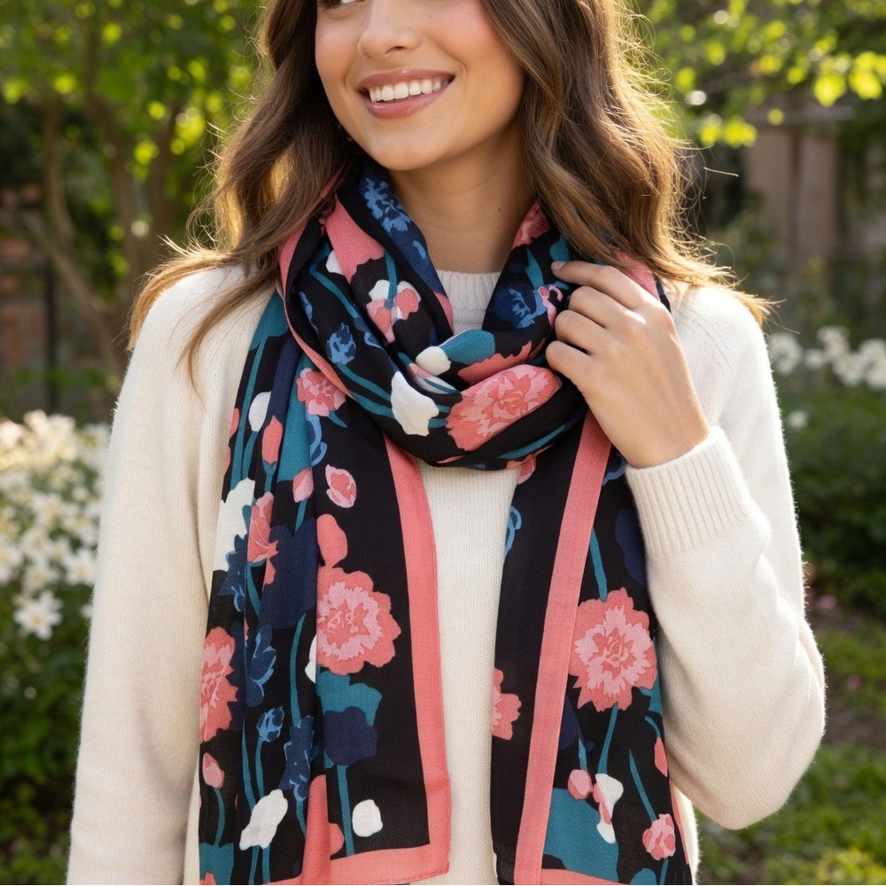 Kate Spade Viney Floral Scarf Black Coral Pink Green Blue Shawl